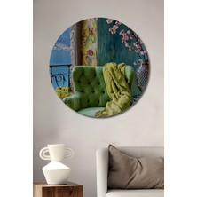 Ahşap Üzerine Yağlı Boya Görünüm Şık Yeşil Koltuk ve Kiraz Çiçekleri Ahşap Tablo Yuvarlak Tablo