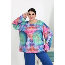 İbrahim Burak Etiler Collection Moda Çizgi Kadın Büyük Beden Uzun Kol Penye Pijama Takımı Saks 202503