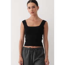 Jaste Kadın Kolsuz Kalın Askılı Kare Yaka Triko Atlet SİYAH