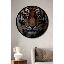 Aslan Gözlü Kaplan Ormanların Kralı Ahşap Tablo Yuvarlak Tablo Çerçeve Görünümlü