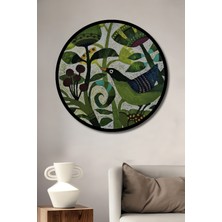 Yeşil Doğa Kuş Figürlü Pastel Boya Görünüm Modern Sanat Ahşap Tablo Yuvarlak Tablo Çerçeve Görünüm