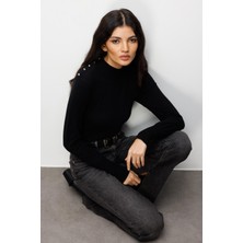 Mixray 7002 Kadın Omuzu Düğmeli Triko Kazak Siyah
