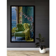 Ahşap Üzerine Yağlı Boya Görünümlü Şık Yeşil Koltuk ve Kiraz Çiçekleri Ahşap Tablo Çerçeve Görünümlü