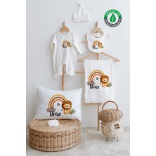 Lilabio %100 Organik Isme Özel Isimli 6lı Hastane Çıkışı Tulum Set Gökkuşağı Aslan