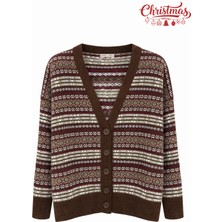 Mixray 7014 Kadın Jakarlı Örgü Hırka Kahve