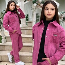 Burçak Butik Kız Çocuk Kışlık Fitilli Kadife Gömlek - Pantolon - Uzun Kol Badi - 3'lü Şık Takım - Bayramlık