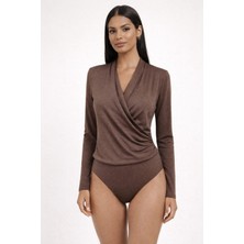 Kadın Kahverengi Kruvaze Yaka Uzun Kol Bodysuit