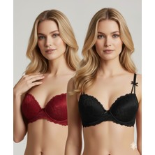 Pierre Cardin 6813 2'li Ekonomik Paket Milan Destekli - Push Up Bordo-Siyah Dantelli Sütyen Set