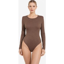 Eva Clothing Kadın Kahverengi Uzun Kol Bisiklet Yaka Bodysuit