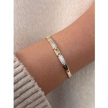 My Life Accessory 14K Gold Kaplama Taşlı Luxury Dikdörtgen Bakla Kadın Bileklik 17CM+2CM