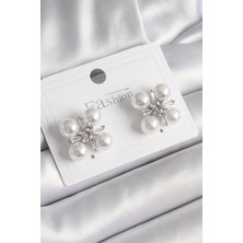 Shopwave Pirinç Gümüş Renk Zirkon Taşlı Incili Kadın Küpe - TJ-BKP9948