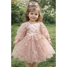 Bes Trend Kız Çocuk Bayramlık Elbise Mevsimlik Pamuklu 3D Boyutlu Gül Detaylı Tüllü Astarlı 1-5 Yaş Aralığı