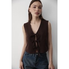 Jaste Kadın Bağlamalı Keten Yelek KAHVERENGİ