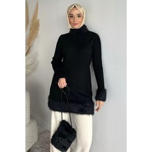 Julude Gülseli Peluş Detaylı Kendinden Çizgi Desenli Tesettür Triko Tunik P-00020134