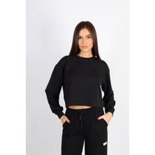 Softandbasic Kadın Bisiklet Yaka Uzun Kol Crop Fit Siyah Modal Sweatshirt-Bluz