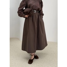 Moda Aksa 1273 Kemerli Büzgülü Etek Kahve