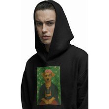 Muhtar Store Frida Kahlo Esintili Köpek Baskılı Siyah Hoodie – 3 Iplik Şardonlu Unisex Kapüşonlu Sweatshirt