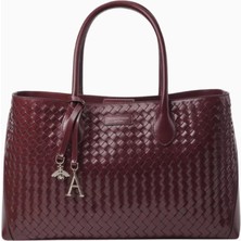 Aspinal Of London London Tote Bag Bordo Woven Deri Çanta, Iki Bölmeli, Logo Charm Detaylı, Şık ve Işlevsel Tasarım
