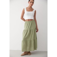 Jaste Kadın Kat Kat Büzgülü Beli Lastikli Keten Etek ÇAĞLA