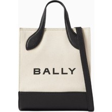 Bally Mini Bar Keep On Kanvas ve Deri Detaylı, Logo Baskılı Zarif Lüks Tote Çanta