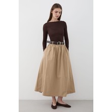 Jaste Kadın Kemerli Büzgü Detaylı Maxi Etek BEJ