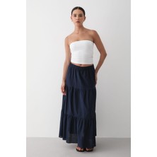 Jaste Kadın Kat Kat Büzgülü Beli Lastikli Keten Etek LACİVERT