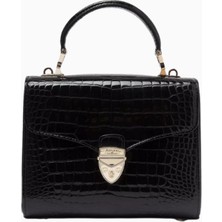 Aspinal Of London Midi Mayfair Siyah Croc Deri Top Handle Çanta, Şık ve Klasik Tasarım