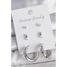 Shopwave Pirinç Gümüş Renk Zirkon Taş Detay Halka Model 3 Çift Kadın Küpe Seti - TJ-BKP10598