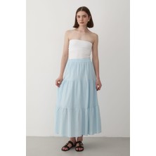 Jaste Kadın Kat Kat Büzgülü Beli Lastikli Keten Etek MAVİ