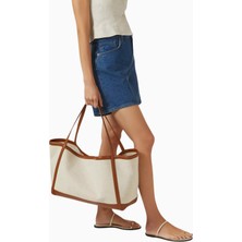 Reformation Evangeline Bej Kanvas ve Deri Detaylı Zarif ve Lüks Geniş Tote Çanta