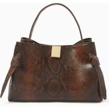 Yuzefi Gyoza Mini Çanta, Yılan Desenli Inek Derisi, Kahverengi, Ayarlanabilir Askılı