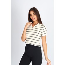 Softandbasic Polo Yaka Raporlu Ekru Jakar Crop Fit T-Shirt