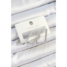 Shopwave Pirinç Zirkon Taşlı Dikdörtgen Model Gümüş Renk 3'lü Çift Kadın Küpe Set - TJ-BKP10802