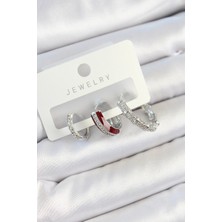 Shopwave Pirinç Zirkon Taşlı Bordo Pembe Halka Model Gümüş Renk 3'lü Çift Kadın Küpe Set - TJ-BKP10791