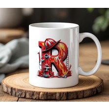 BB Design R Harfli Yangın Tasarımlı Beyaz Seramik Baskılı Kupa Bardak 330 ml