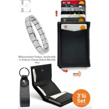Evveli Deri Mekanizmalı Otomatik Kartlık Cüzdan Charm Bileklik ve Anahtarlık Seti