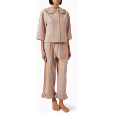 3 Parça Pamuklu Turuncu Çizgili Pijama Seti Fırfır Detaylı Lüks Tasarım