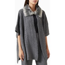 Izaak Azanei Collar-Detail Poncho, Gri Şık ve Lüks Kadın Triko Panço