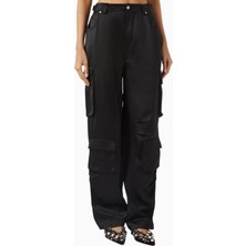 Maniere De Voir Emilie, Siyah Satin Geniş Paça Cargo Pantolon, Lüks ve Fonksiyonel Tasarım