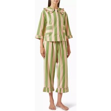 3 Parça Pamuklu Yeşil Çizgili Pijama Seti Fırfır Detaylı Lüks Tasarım
