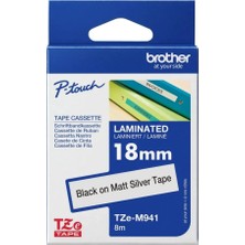 Brother P-Touch TZE-M941 Tze-Tape 18MM Mat Gümüş Üzerine Siyah Laminasyonlu Etiket