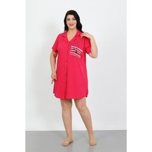 İbrahim Burak Etiler Collection Moda Çizgi Büyük Beden Penye Düğmeli Fuşya Tunik Gecelik 1025