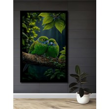 Sevgi Dolu Papağan Çifti Yağlı Boya Görünümlü Ahşap Ev,antre,ofis,mutfak Tablo Çerçeve Görünümlü