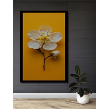 Sarı Fonlu Beyaz Çiçek Yağlı Boya Görünümlü Ahşap Antre,salon,ofis,mutfak Tablo Çerçeve Görünümlü