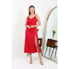 İbrahim Burak Etiler Collection Moda Çizgi Yırtmaçlı Uzun Saten Gecelik Kırmızı 7410