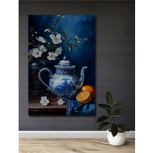 Mavi Beyaz Çiçekli Porselen Demlik ve Narenciye Ahşap Dekoratif Ev,antre,salon,ofis,mutfak Tablo