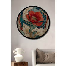 Art Nouveau Gelincik Sulu Boya Görünümlü Ahşap Tablo Yuvarlak Duvar Tablosu Çerçeve Görünümlü
