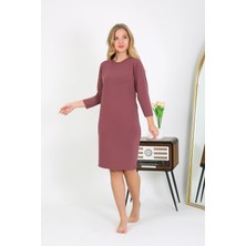 İbrahim Burak Etiler Collection Moda Çizgi Pamuk Ev Elbisesi Tunik Gecelik Mürdüm 13132