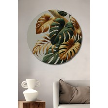 Altın ve Zümrüt Tropikal Yapraklar Yağlı Boya Görünümlü Dekoratif Ahşap Tablo Yuvarlak Duvar Tablosu