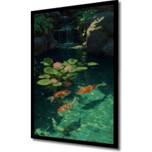 Canlı Koi Balıklı Şelale Manzaralı Yağlı Boya Görünümlü Ahşap Ev,antre,ofis Tablo Çerçeve Görünümlü